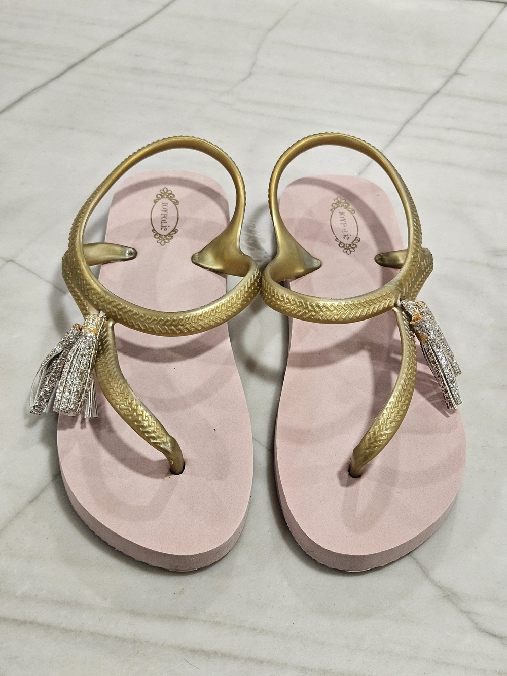 Joyfolie Girls Cassia Pink Gold Glitter Tassel Accent Flip Flops
